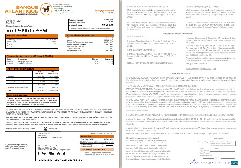 Download Burkina Faso Banque Atlantique bank mortgage statement, 2 pages, 1 2 scr Photoshop template